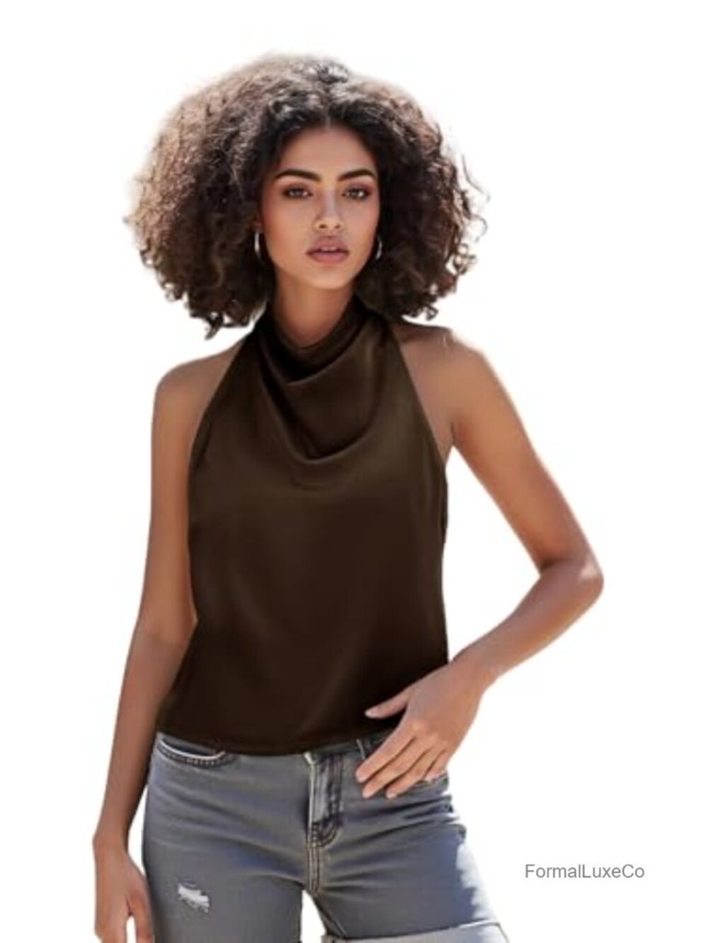 Satin Halter Tank Top Backless Cropped Mock Neck Sleeveless Blouse